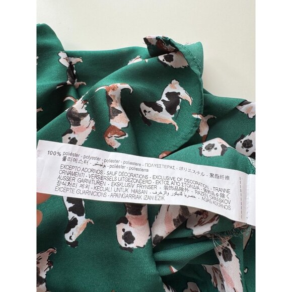 ZARA Green Dog Print Satin Oversized Collared V-Neck Tie Blouse, Size S - Picture 11 of 14